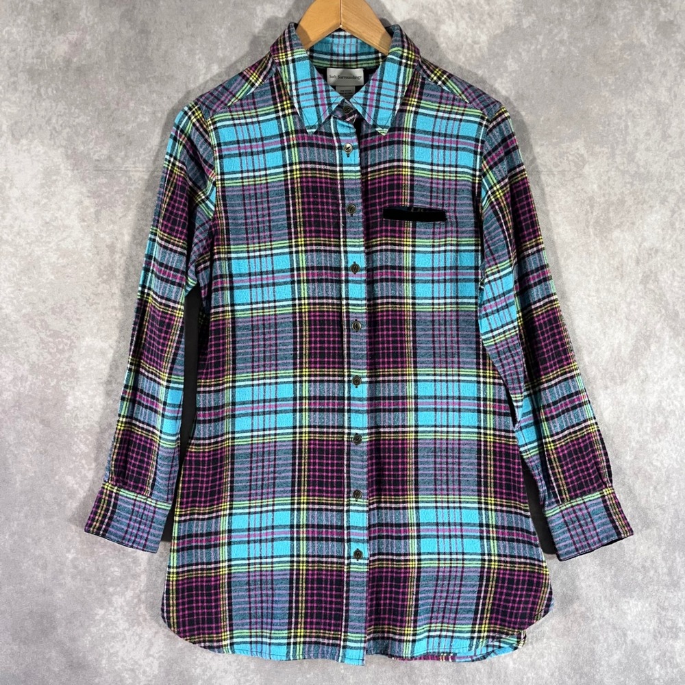 Soft Surroundings Button Women Small Turquoise Magenta Plaid Velvet Back Flannel